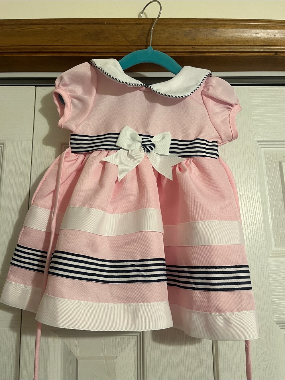 NWOT Rare Editions Pink & White Collar Dress with Stripes, Bonnet and Cover